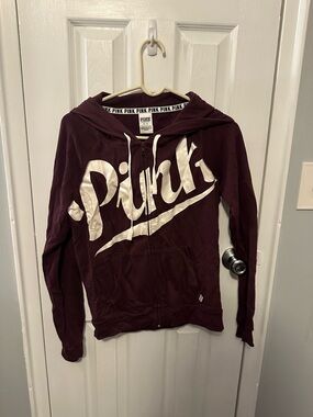 Victoria's Secret PINK Maroon Zip-Up Hoodie with White Logo